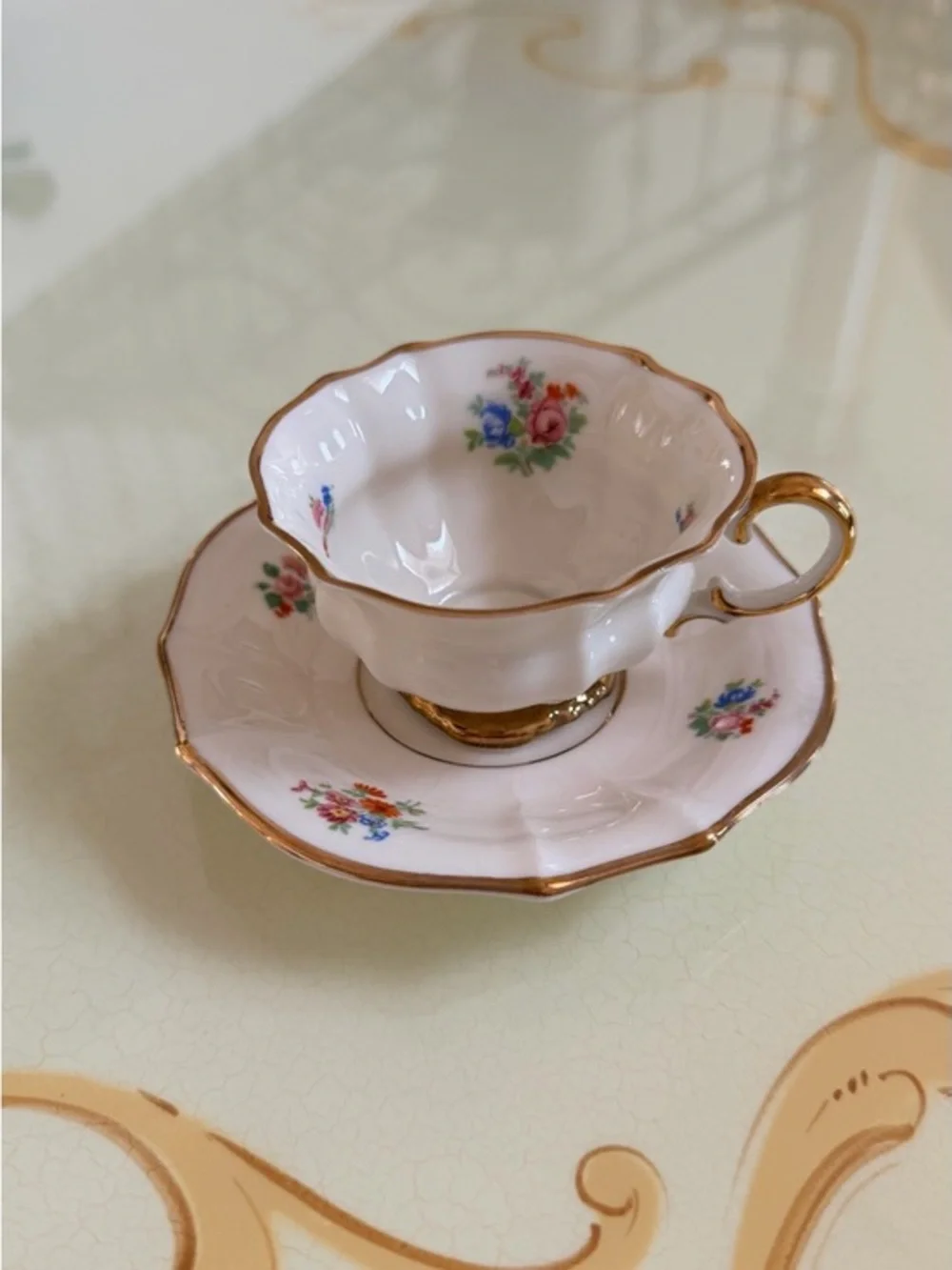 Vintage mini Linder KUEPS Bavaria Floral Bone China Teacup & Saucer  Gold Trim